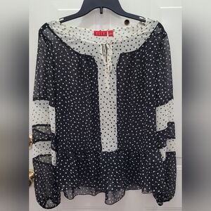 SOLDNWT ELLE SIZE LARGE SHEER BLACK AND WHITE POLKA DOT FEMININE TOP. SRP. 44.00